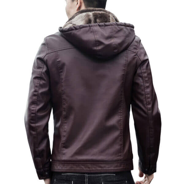 Real Sheepskin Sherpa Shearling Faux Fur Lined Removable Hood Rider Leather Jacket - Image 2