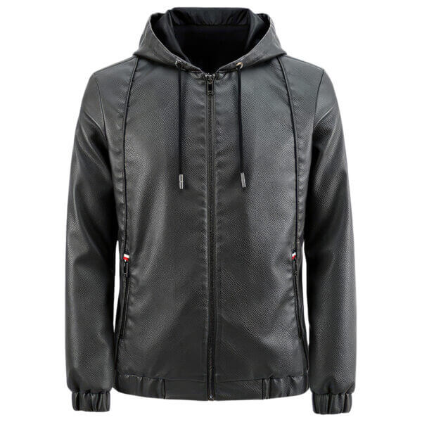Gray Sheepskin Hooded Drawstring Biker Zipper Cafe Racer Leather Jacket