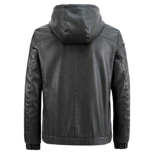Gray Sheepskin Hooded Drawstring Biker Zipper Cafe Racer Leather Jacket - Image 2