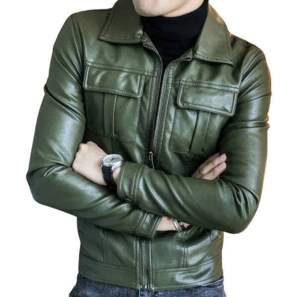 Green Real Sheepskin Shirt Collar Biker Cafe Racer Retro Zipper Leather Jacket