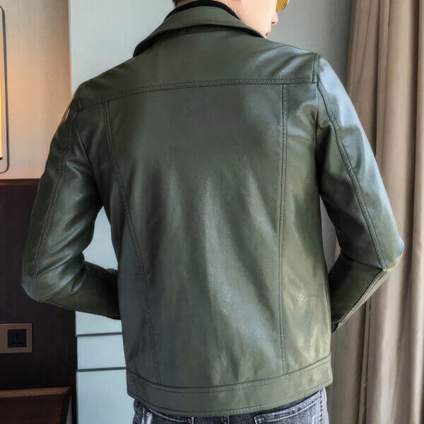 Green Real Sheepskin Shirt Collar Biker Cafe Racer Retro Zipper Leather Jacket - Image 2