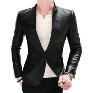 Men's Black Genuine Sheepskin Stand Collar Casual Office Business Leather Blazer