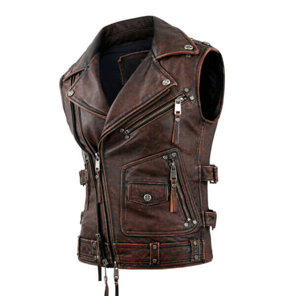 Biker Brando Leather Waistcoat With Lapel Collar Real Cowhide Vest Asymmetrical