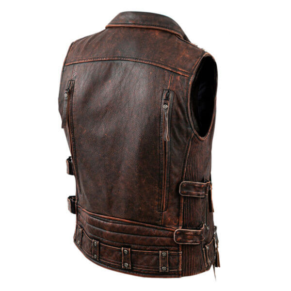 Biker Brando Leather Waistcoat With Lapel Collar Real Cowhide Vest Asymmetrical - Image 2