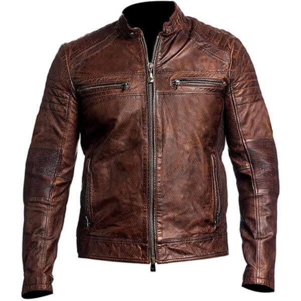 Men's Cafe Racer Motorcycle Jacket in Brown Waxed Biker Leather
