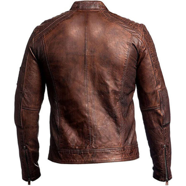 Men's Cafe Racer Motorcycle Jacket in Brown Waxed Biker Leather - Image 3