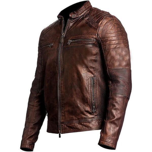 Men's Cafe Racer Motorcycle Jacket in Brown Waxed Biker Leather - Image 2