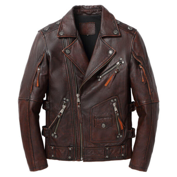 Vintage Genuine Cowhide Lapel Collar Asymmetric Biker Leather Jacket