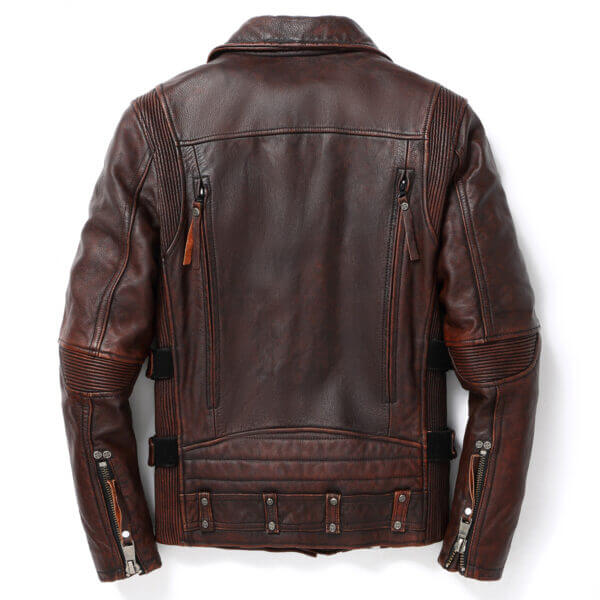 Vintage Genuine Cowhide Lapel Collar Asymmetric Biker Leather Jacket - Image 4