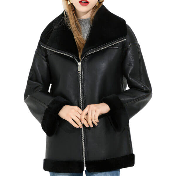 Genuine Sheepskin Shearling Faux Fur Lined Aviator Pilot Leather Jacket