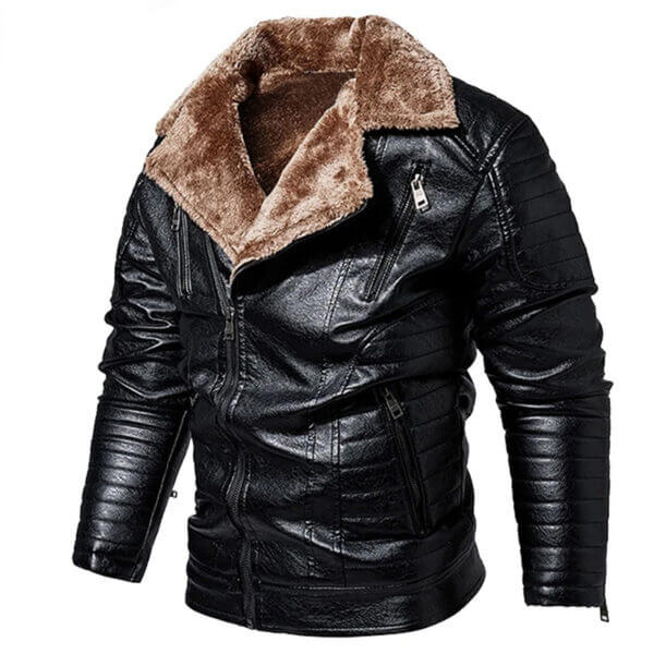 Genuine Sheepskin Faux Fur Collar Rider Classic Quilted Leather Jacket - Image 2