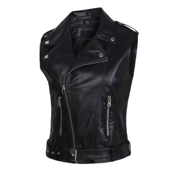 Genuine Sheepskin Sleeveless Vest Cafe Racer Lapel Collar Leather Waistcoat