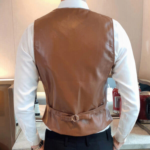 Tan Genuine Sheepskin Single Breasted Sleeveless Vest Leather Waistcoat - Image 2