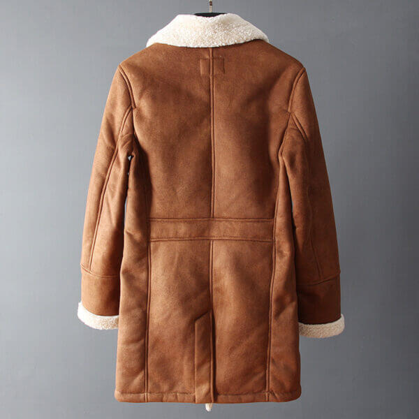 Winter Rugged Trench Coat Suede Sherpa Shearling Faux Fur Lined Lapel Collar - Image 2