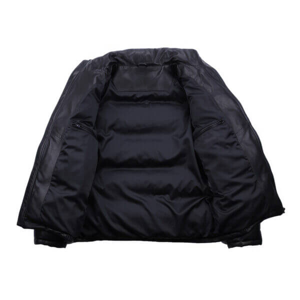 Sheepskin Polo Neck Thick Quilted Winter Warm Padded Puffer Leather Jacket - Image 3