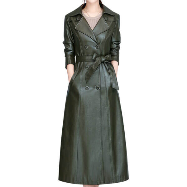 Army Green  Double Breasted Elegant Belted Leather Trench Coat