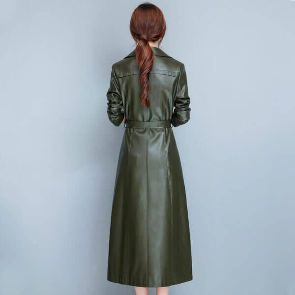 Army Green  Double Breasted Elegant Belted Leather Trench Coat - Image 2
