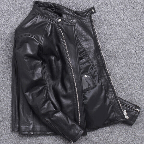 Biker Crossover Stand Collar Asymmetric Leather Jacket - Image 3