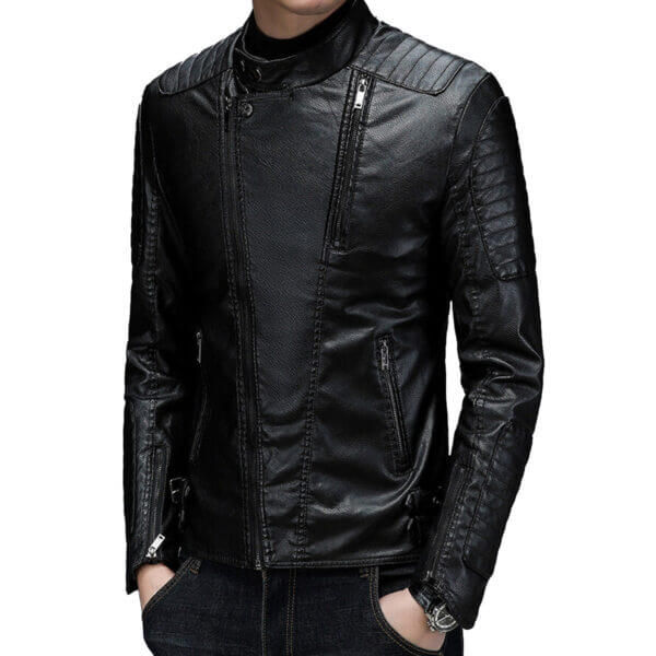Biker Quilted Shoulder Oblique Zipper Skinny Leather Jacket - Image 2