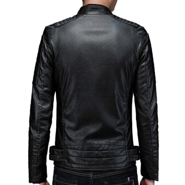 Biker Quilted Shoulder Oblique Zipper Skinny Leather Jacket - Image 3
