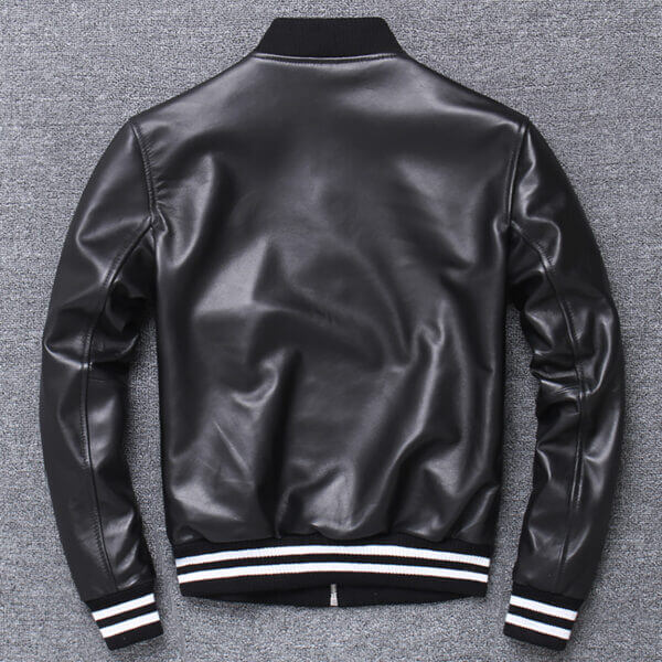 Black Baseball Varsity Bomber Leather Jacket - Image 2