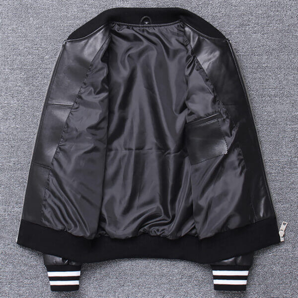 Black Baseball Varsity Bomber Leather Jacket - Image 3