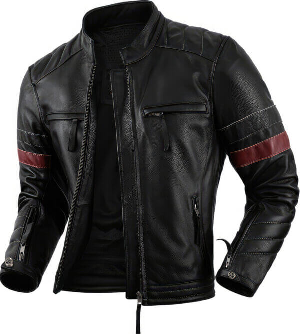 Black Biker Red Strip Lightweight  Leather Jacket