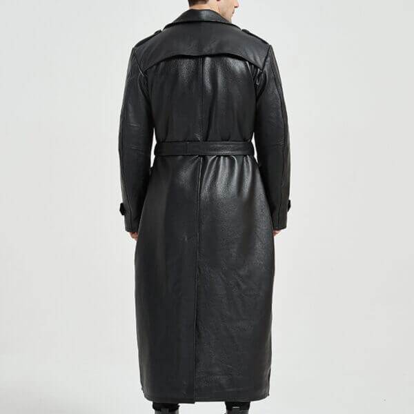 Black Lapel Collar Matrix Quilted Belted Long Leather Duster Jacket - Image 2