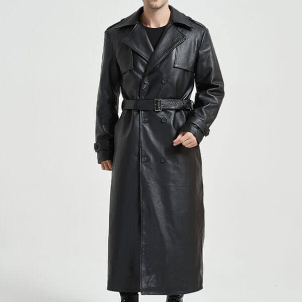 Black Lapel Collar Matrix Quilted Belted Long Leather Duster Jacket - Image 4