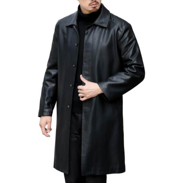 Black Single Breasted Winter  Leather Trench Coat