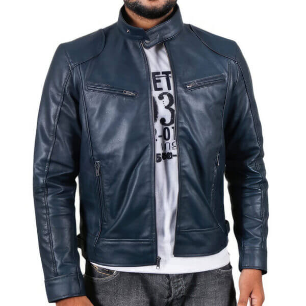 Blue Casual  Moto Rider Korean Leather Jacket