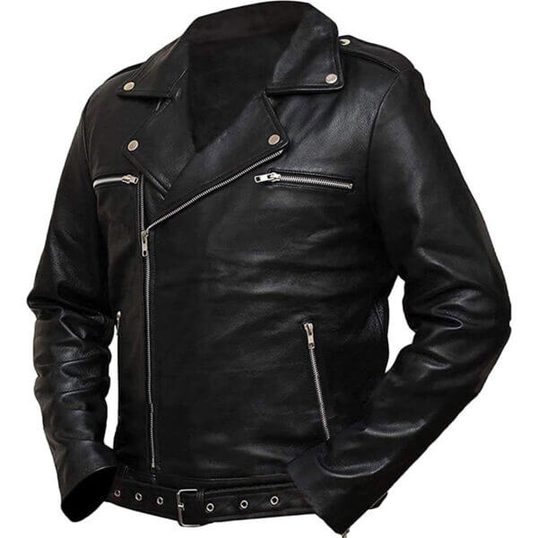 Cafe Racer Retro Motorcycle Asymmetrical Negan Style Black Biker Leather Jacket - Image 2