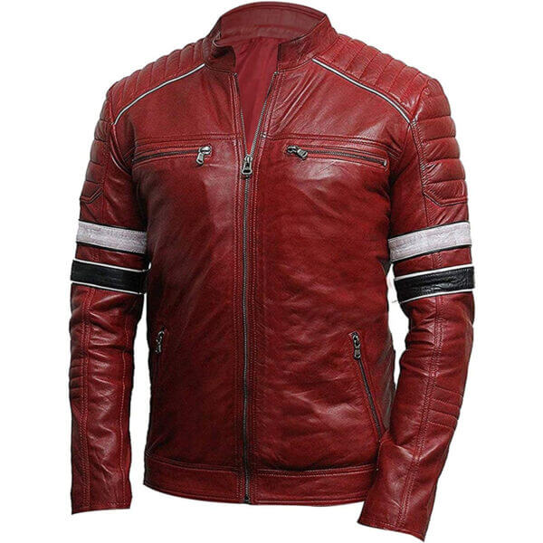 Cafe Racer Strips Red Biker Leather Jacket