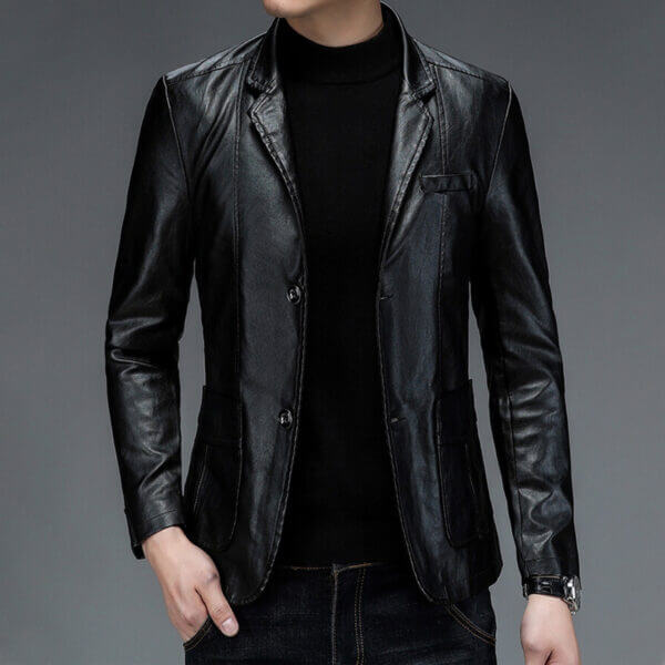 Classic Office Business Slim Fit Leather Blazer Jacket - Image 3