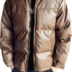 Coffee Baggy Style Padded Puffer Leather Jacket