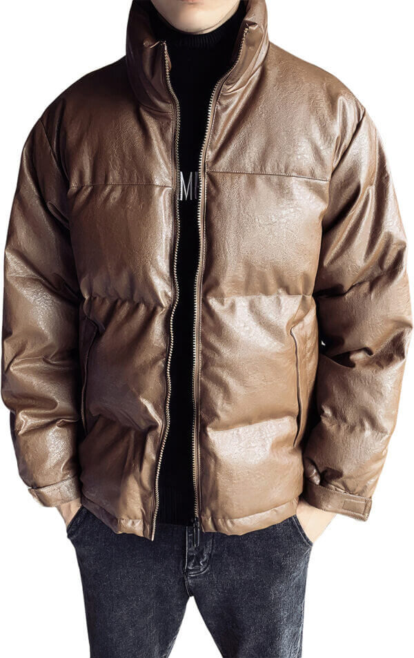 Coffee Baggy Style Padded Puffer Leather Jacket
