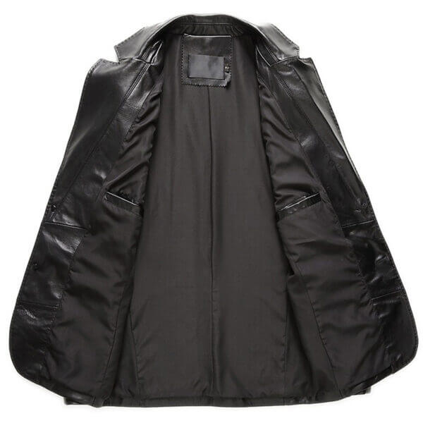 Men Black Lapel Collar Business Office Leather Blazer Jacket - Image 2