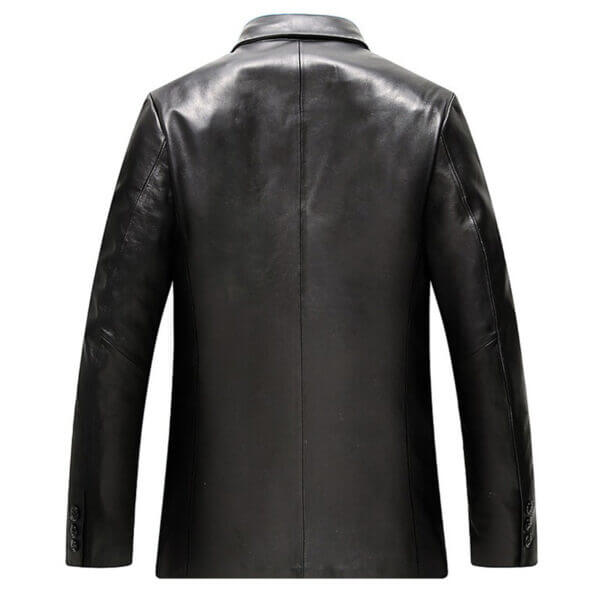 Men Black Lapel Collar Business Office Leather Blazer Jacket - Image 3