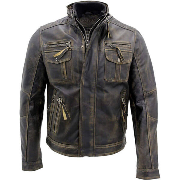 Men Vintage Multi Zippers Pockets Leather Biker Jacket