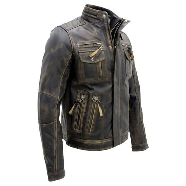 Men Vintage Multi Zippers Pockets Leather Biker Jacket - Image 3