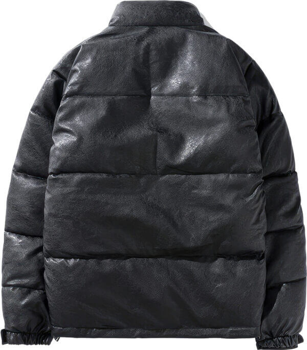 Black Stand Collar Winter Baggy Style Padded Puffer Leather Jacket - Image 2