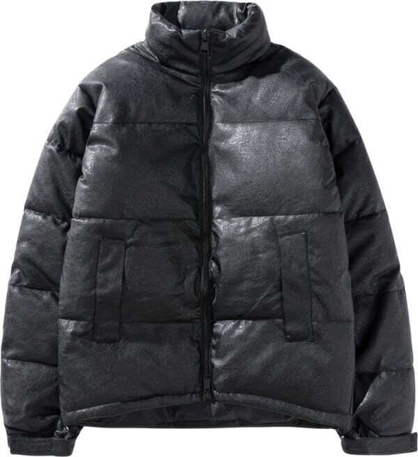 Black Stand Collar Winter Baggy Style Padded Puffer Leather Jacket - Image 3