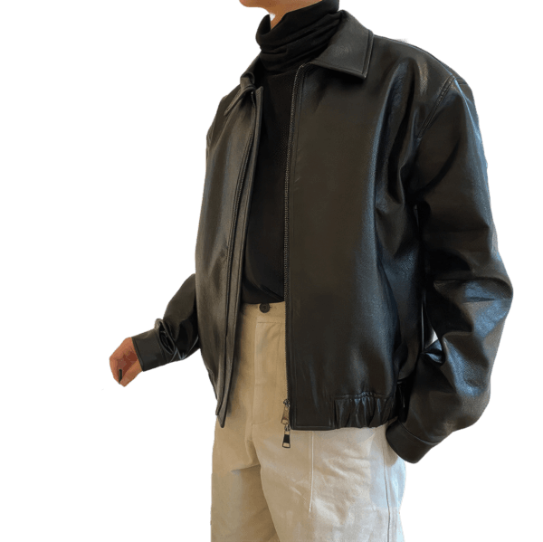 Men's Black Shirt Collar Oversized Korean Leather Jacket
