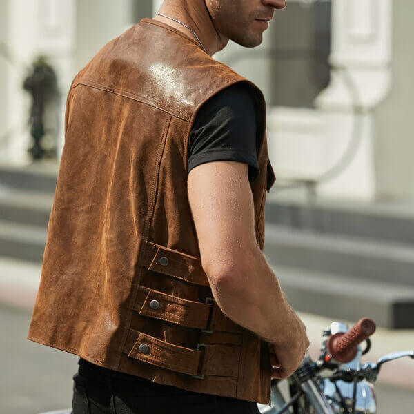Men's Moto Biker Sporty Leather Waistcoat - Image 2