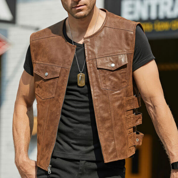 Men's Moto Biker Sporty Leather Waistcoat - Image 4