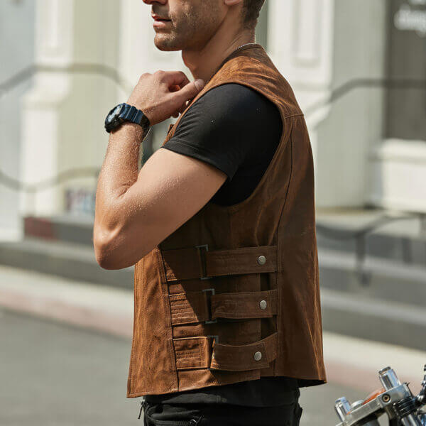 Men's Moto Biker Sporty Leather Waistcoat - Image 5