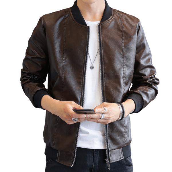 Men's Rib Knit Collar Bomber Leather Jacket