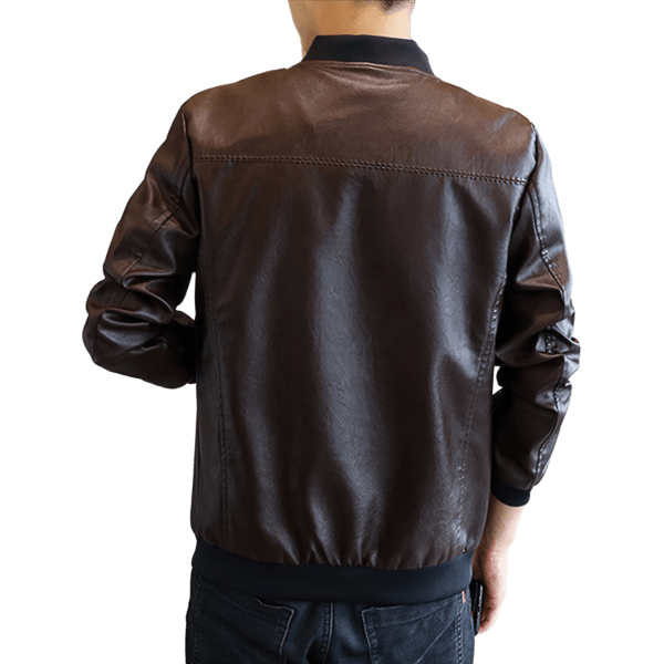 Men's Rib Knit Collar Bomber Leather Jacket - Image 2