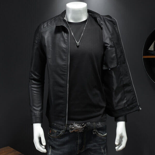Motorcycle Rider Quilted Shoulders Korean Style Leather Jacket - Image 2
