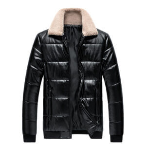 Padded Turn-Down Collar Casual Puffer Leather Jacket